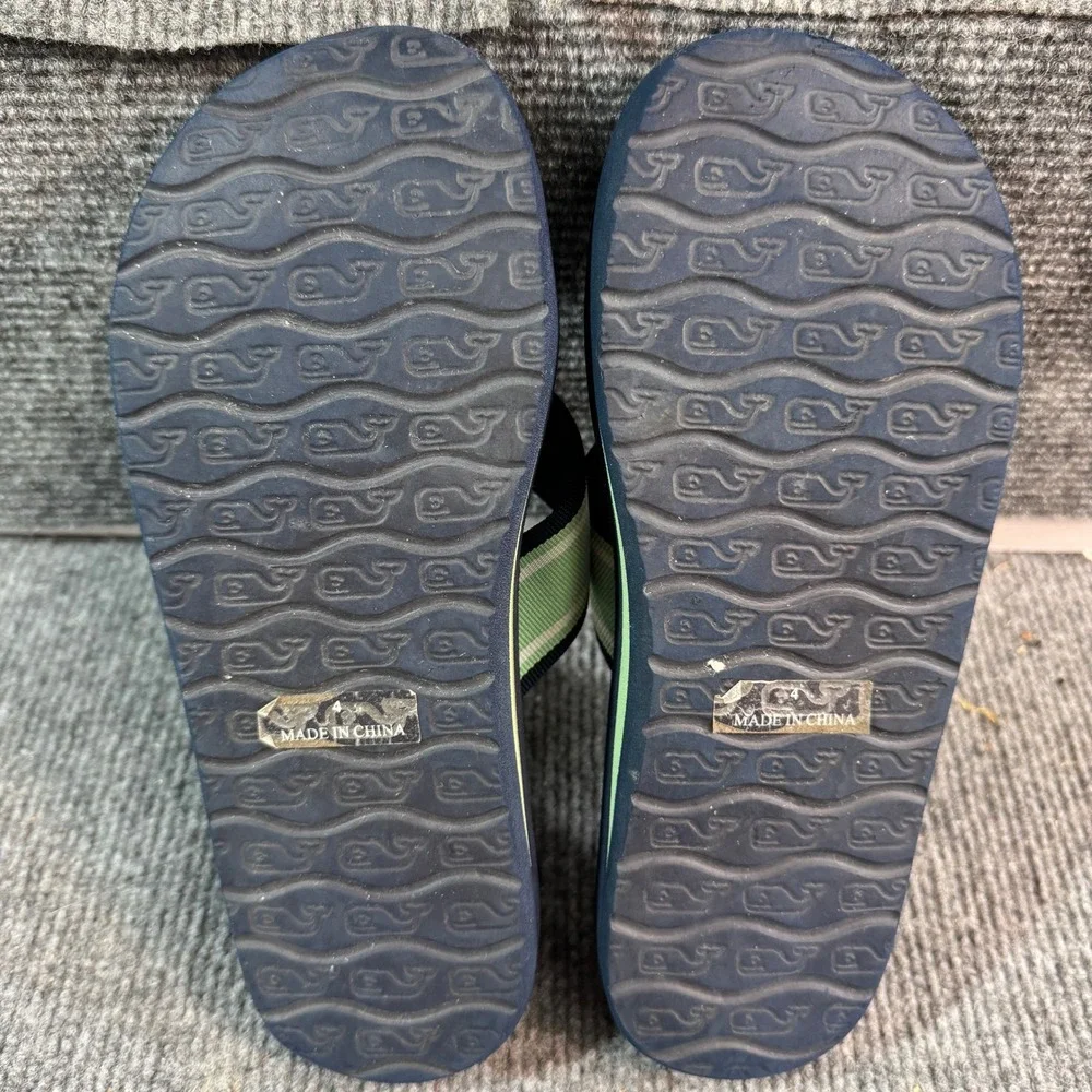 Vineyard Vines Navy Blue Green Striped Ribbon Flip Flop Sandals Kids Size 4